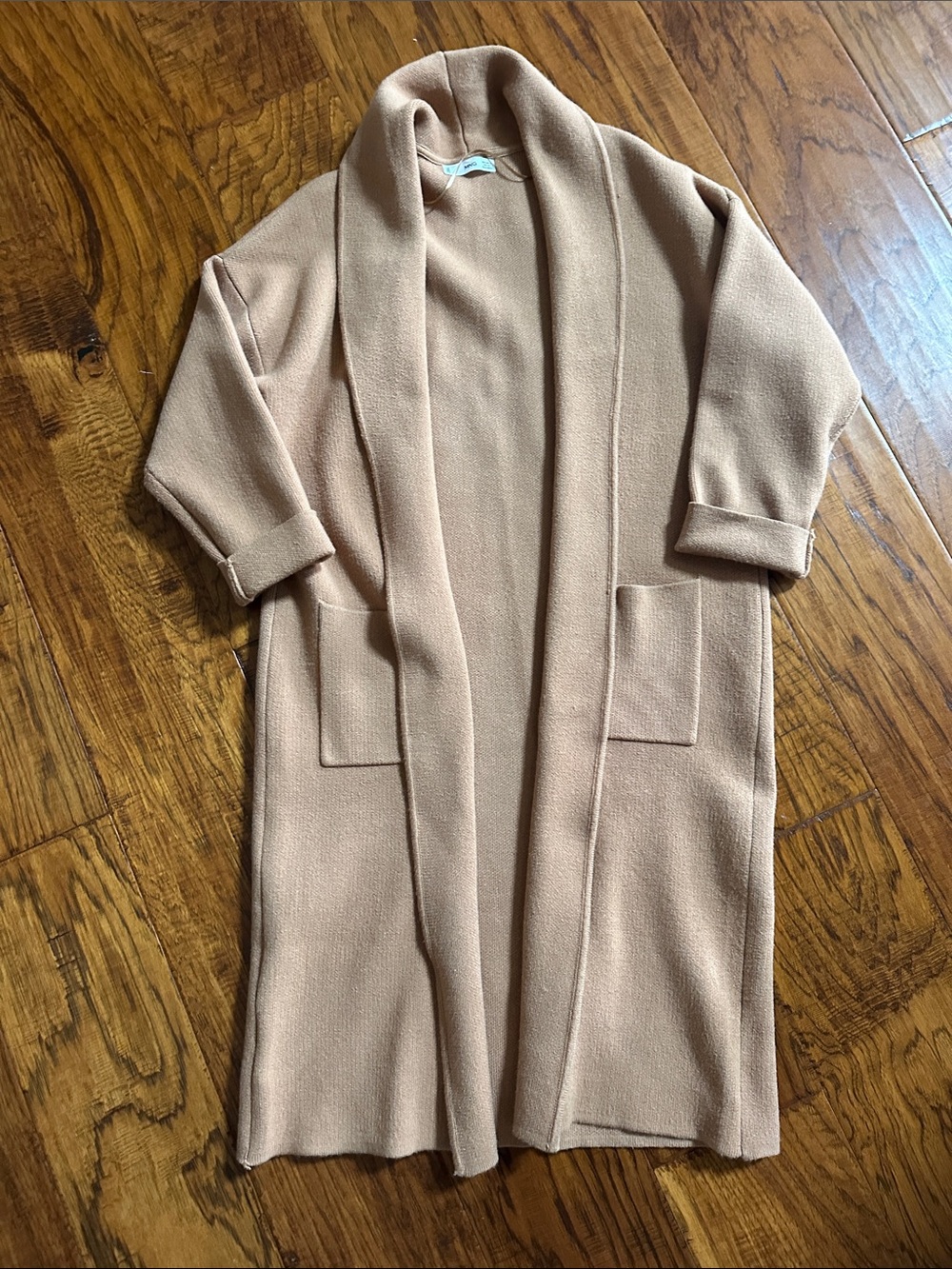 Mango sz Small Open Front Long Knit Cardigan Coatigan in Camel